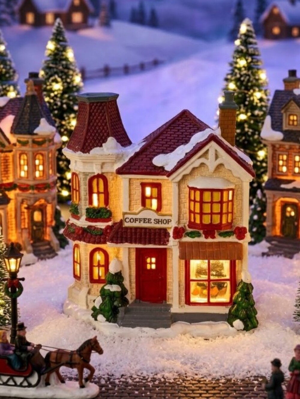 Christmas Village Coffee Shop with Lights Ceramic Decor